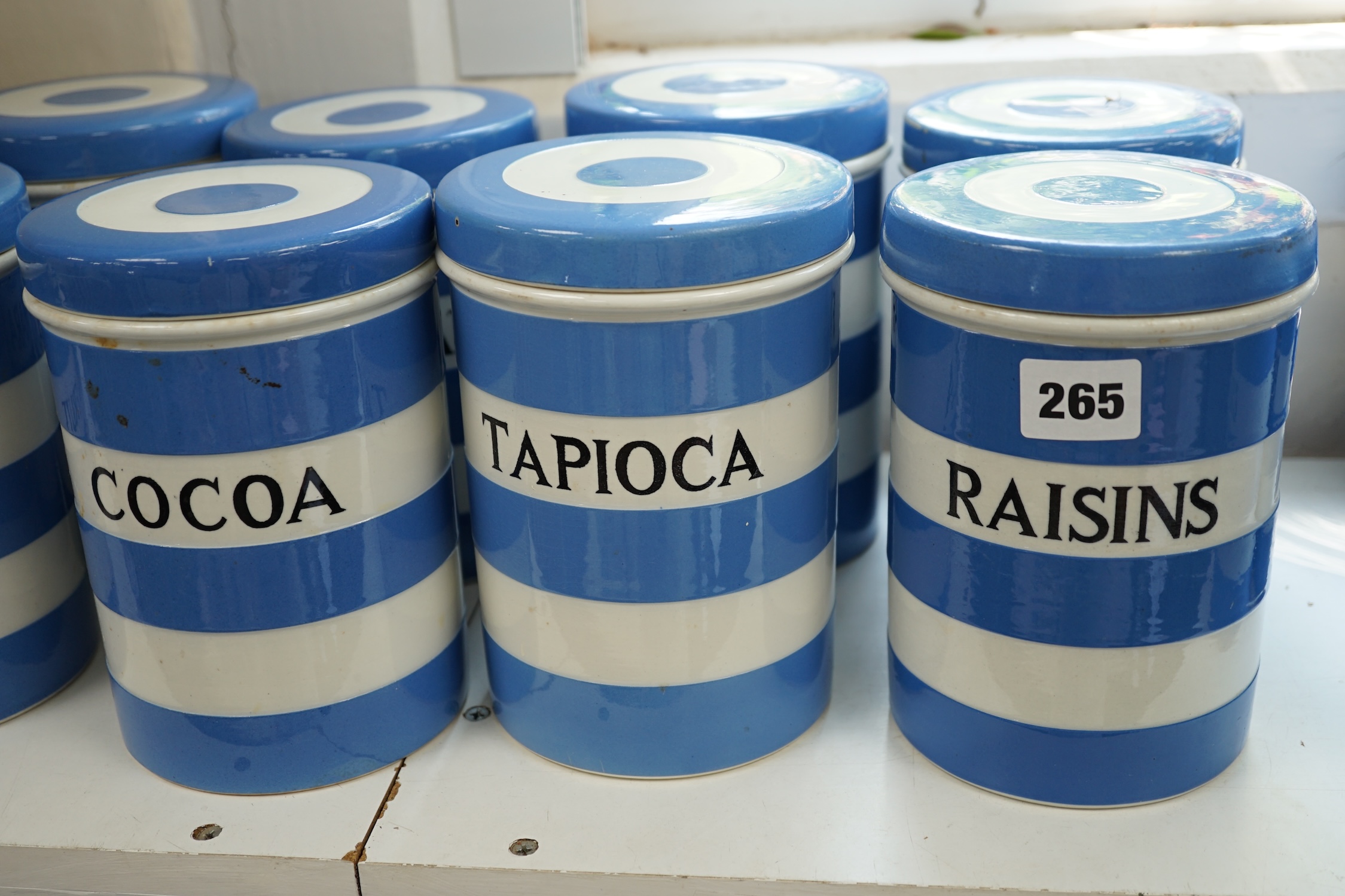 T.G.Green Cornish Kitchenware, ten 17cm lidded storage jars to include Tapioca, Dried Fruit, Sultanas, Lump Sugar and Flour, Black Shield marks. Condition - fair to good